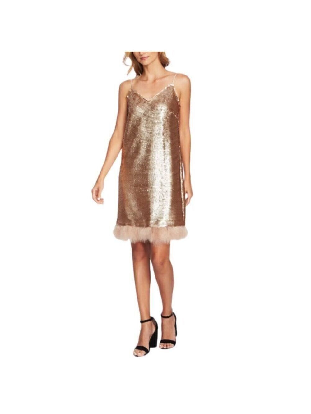 CeCe Bohemian Luxe Blush Gold Sequined Feather-Trim Slip Dress Sz 2